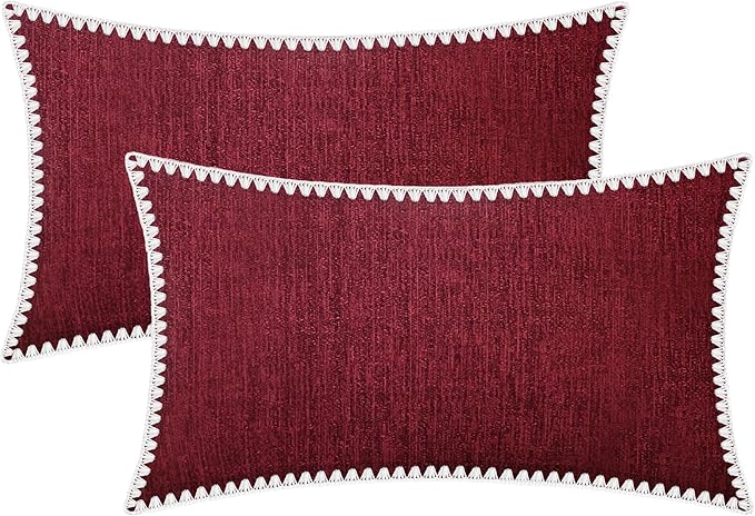 BRAWARM Chenille Throw Pillow Covers 12x20 Inches, Burgundy, 2 Pack | Decorative Lumbar Pillow Covers with Shell Edge, Soft Cushion Cases for Sofa Bed Living Room Home Farmhouse (No Insert)
