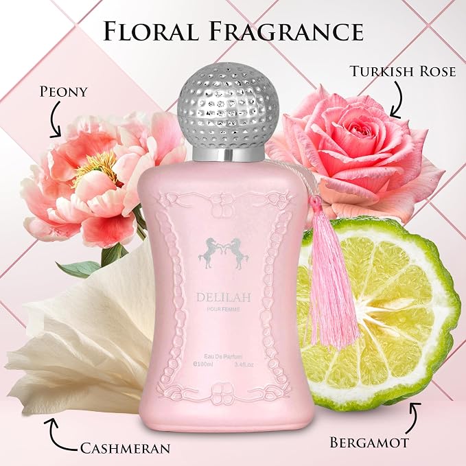 Delilah for Women - Floral Fruity Fragrance - Top Notes of Rose, Peony, Lychee, Bergamot & Nutmeg - Base Scents of Cashmeran, Cedar & Incense - Free of Paraben - Elegant 100ml Bottle, Women Parfume