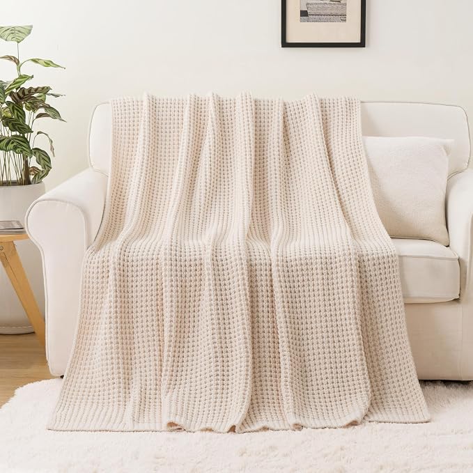 Cream White Throw Blanket for Couch Bed, Waffle Knit Throw Blanket 60"x80" | Ivory Chunky Chenille Throw Blanket, Modern Farmhouse Knitted Blankets, Warm Decorative White Blanket Throw for Home Decor