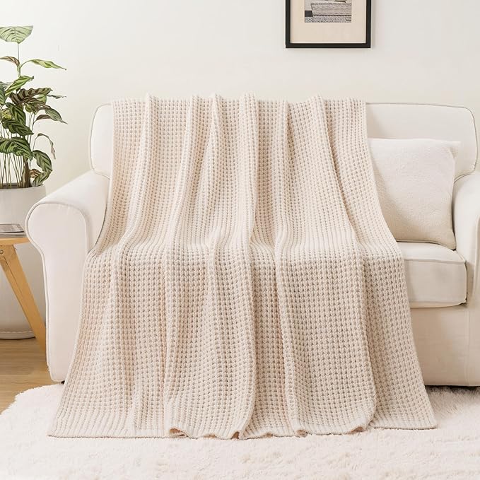 Cream White Throw Blanket for Couch Bed, Waffle Knit Throw Blanket 50"x60" | Ivory Chunky Chenille Throw Blanket, Modern Farmhouse Knitted Blankets, Warm Decorative White Blanket Throw for Home Decor