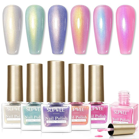 Pearl Nail Polish Set Non Gel, Quick Dry Mermaid Shell Nail Polish Air Fast Drying Manicure DIY Salon Gift(White Pink Blue Green Colors)
