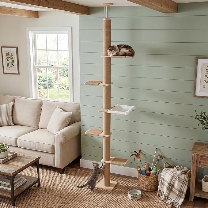 Floor to Ceiling Cat Tree,5 Tier Adjustable Height Climbing Tower | 6-10.1 FT with Sisal Scratching Posts, Cats Activity with Cozy Hammock for Indoor Cats (Floor to Ceiling)