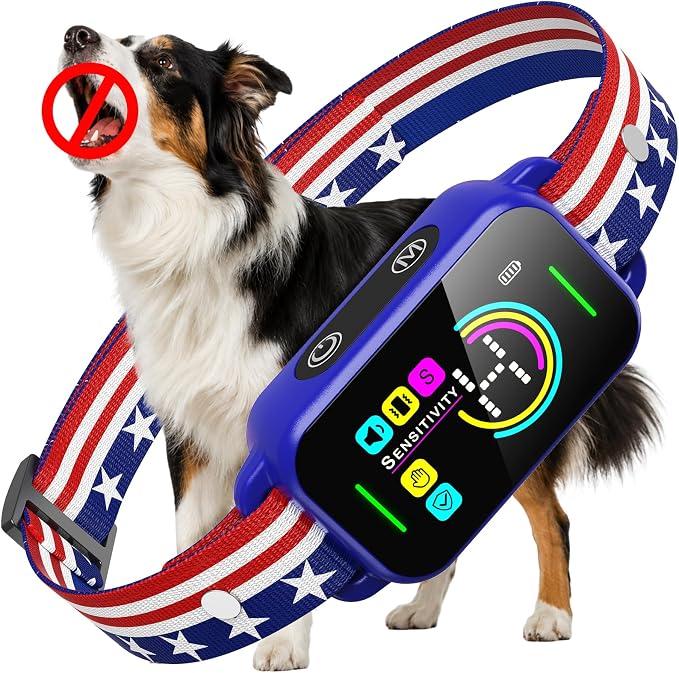 Bark Collar for Large Medium Small Dogs - Smart AI 1S Stop Barking, Anti Barking Device & Dog Training Collar with Beep, Vibration & 8-Level Sensitivity, IP67 Waterproof - Red White Blue