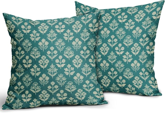 Teal Floral Block Print Pillow Covers 16x16 Inch Set of 2, Vintage Flower Pattern Decorative Throw Pillowcases Outdoor Farmhouse Cushion Covers Spring Summer Rustic Sofa Couch Bed Decor
