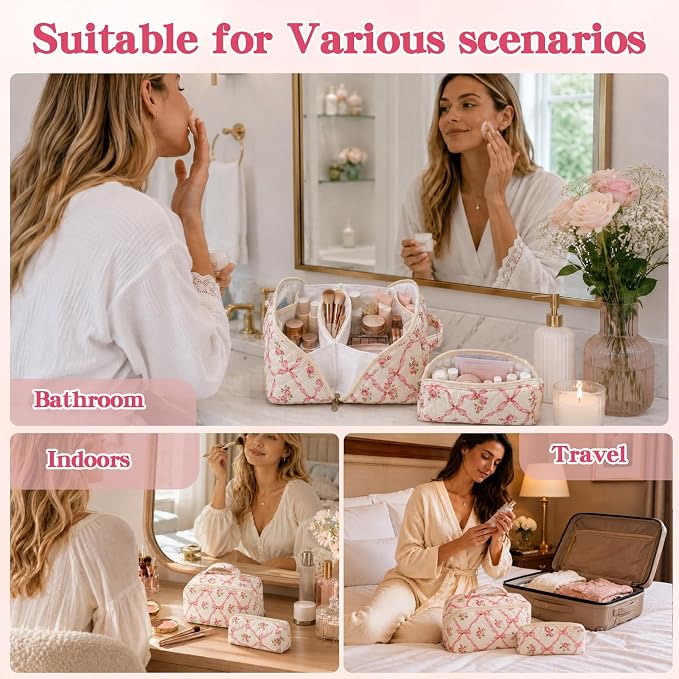 Travel Makeup Bag for Women,Large Capacity Quilted Cosmetic bag， 2PCS Make up Bag Set Open Flat Toiletry Bag for Skincare, Brushes & Travel Essentials (Pink)