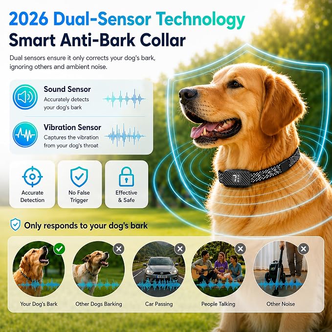 Smart Bark Collar for Dogs, Rechargeable Anti Barking Device with Beep and Vibration, 7 Sensitivity Levels, Auto Sleep Protection, IP67 Waterproof, for Small Medium Large Dogs, Black