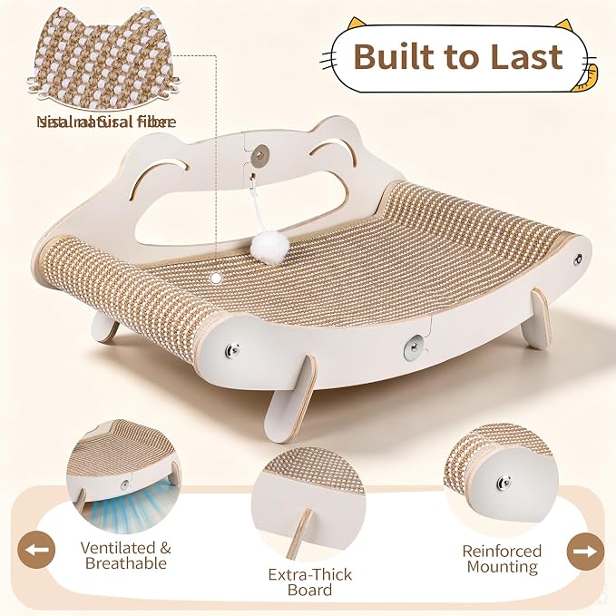 Sisal Cat Scratcher Bed, 3-in-1 Cat Lounger and 23.6" Large Scratching Pad with Hammock for Indoor Cats, Durable Wooden Frame & Natural Sisal Scratcher, Furniture Protector