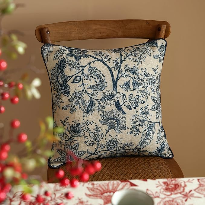 Designer Linen Square Throw Pillow Cover,Set of 2,18"x18"-Ruyi B | Vintage French Elegant Pillow Cover,Concealed Zipper Design,Blue Floral Pattern,Sofa,Bedroom,Living Room,Lounge Chairs