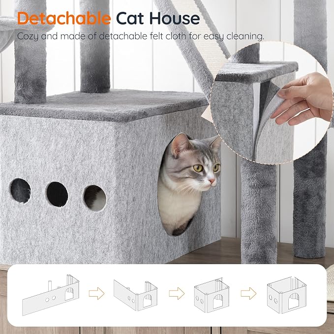 HOOBRO Double Litter Box Enclosure with Cat Tree, 45.3" L x 17.7" W x 68.9" H All-in-One Modern Cat Tower with Bed, Hidden Litter Box Enclosure Furniture, with Hammock, Sisal Posts, Greige BG22MZ03