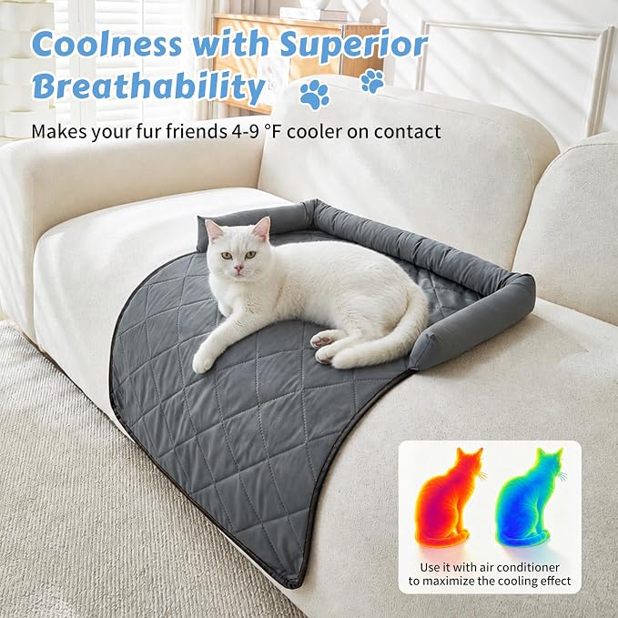 Cooling Dog Bed Mats with Neck & Head Support, 31.5 x 23.62 inch Grey | for Small and Medium Dogs & Cats, Non-Slip, Machine Washable, Protects Sofa from Fur & Scratches