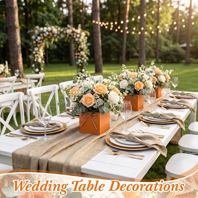 12 Pack Galvanized Square Vases with Floral Foam, 3.5 inch Waterproof Rustic Tin Buckets with Twine Bows, Mini Farmhouse Metal Planter Centerpieces for Wedding Party Table Decor(Orange)