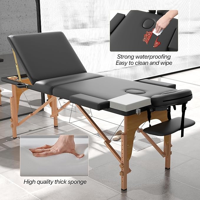 Massage Table Massage Bed, Portable 3 Section Foldable Tattoo Bed, Height Adjustable Lash Spa Bed with Face Cradle, Home Light Weight Facial Salon Bed with Wood Frame, Black
