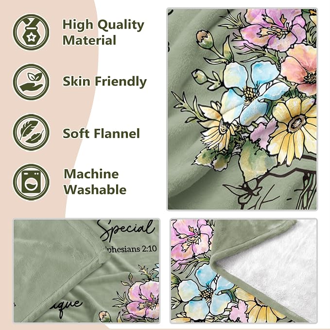 Christian Gifts for Women, Christian Birthday Blanket with Flowers | Religious Christmas Spiritual Baptism Gifts for Grandma Nana Mom Female Friend Sister, Throw Blankets 80''x 60'', Sage Green