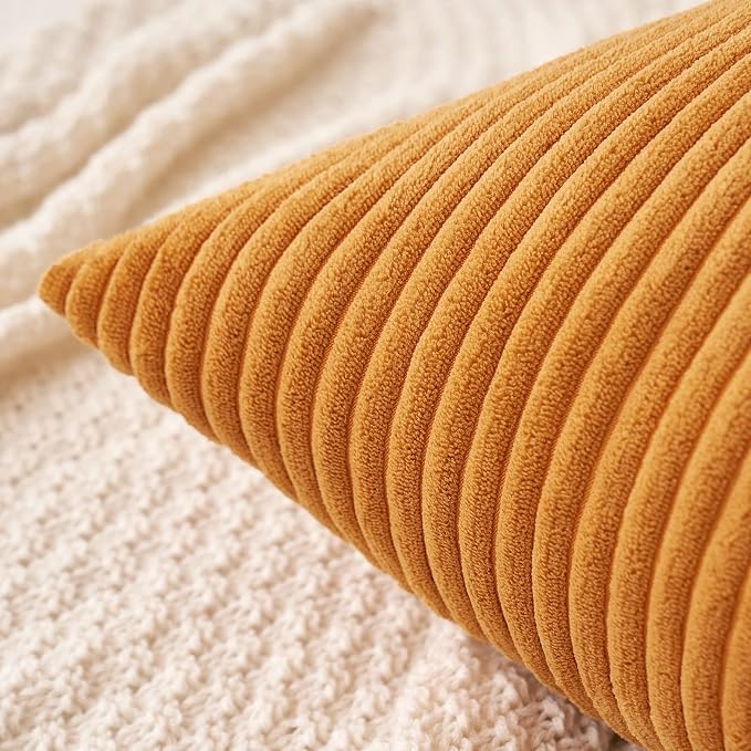 MIULEE Fall Euro Corduroy Throw Pillow Covers Set of 2 24x24 Burnt Orange | Decorative Striped Textured Cushion Cases, Boho Rustic Square Pillowcases, Home Decor for Couch Chair Sofa Bed Living Room