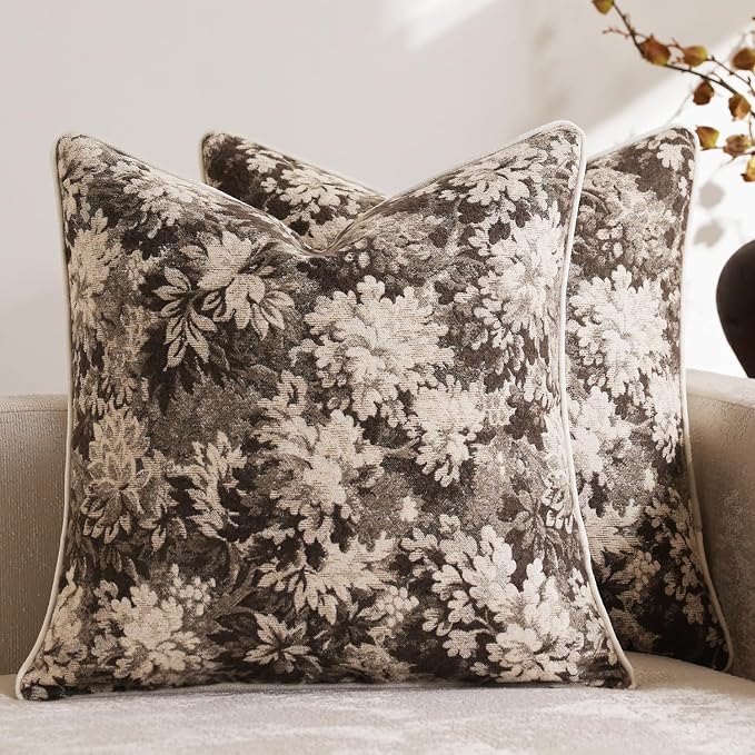 Pack of 2 Vintage Floral Throw Pillow Covers 16x16 Boho Farmhouse Accents Chenille Square Decorative Pillow Cases for Living Room Couch Bed Home Decor, Grey