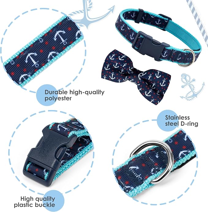 azuza Anchor Dog Collar with Bow Tie, Soft and Comfortable Adjustable Bowtie for Small Dogs