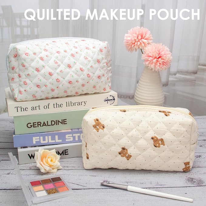 PAZIMIIK Small Quilted Makeup Bag,Zipper Cosmetic Pouch,Gauze Bear,6 Pack | Lightweight Cosmetic Bag Organizer for Women,Purse Storage Holds Makeup,Toiletries,Skincare,Beauty Essentials,Travel Items