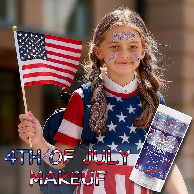 Red Blue and White Body Glitter Stick, 4th of July Independence Day Accessories, Waterproof Face Body and Hair Glitter Makeup, Patriotic Day Memorial Day Glitter Makeup for Women and Girls