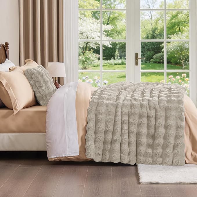BEDELITE Faux Fur Throw Bubble Blanket for Couch, 60" x 80", Linen | 870GSM Soft Cozy Plush Blanket for Sofa & Bed Living Room Decor, Warm Fuzzy Faux Rabbit Fur for Women Gift, All Season Use