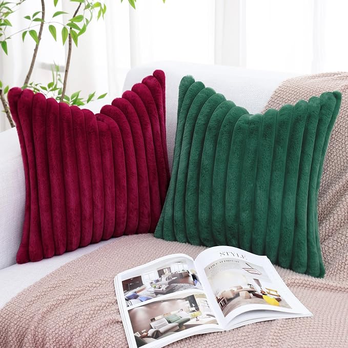 decorUhome Fall Faux Fur Throw Pillow Covers 22x22 Set of 2 Christmas Green | Decorative Soft Cozy Striped Plush Modern Farmhouse Boho Couch Pillow Cases Velvet Back for Sofa Bed Living Room Home Decor