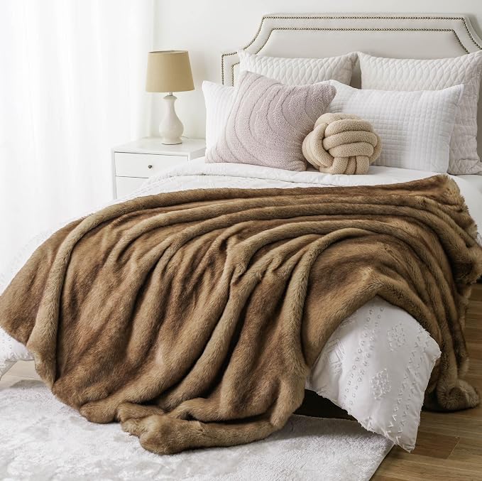 BATTILO Luxury Ochre Faux Fur Throw Blanket for Couch, Home Decor, 50"x60" | Soft Cozy Mink Plush Warm Elegant Fuzzy Furry Fluffy Faux Fur Blanket for Bed, Sofa, Living Room, Long Pile