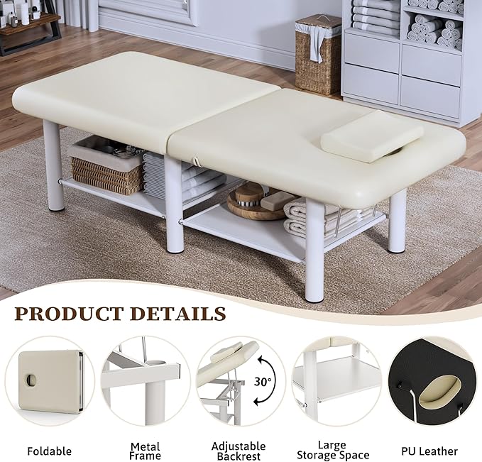 Olela Wide Foldable Massage Table - Professional Massage Table with Adjuatable Backrest & Large Storage Space, Treatment Tables with Metal Frame and Pu Leather for Spa, Beauty, Rehabilitation