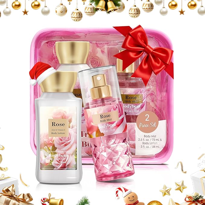 Mother's Day Rose Spa Gift Set - 2PCS Luxury Bath and Body Kit for Women with Body Lotion & Body Mist - Portable Travel Size Self Care Gift for Mom, Wife, or Her