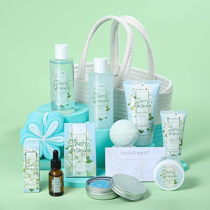 Body & Earth Gift Baskets for Women 11PCS Jasmine Spa Gift Sets for Her, Self Care Kit with Bubble Bath, Shower Gel, Lotion Set, Mothers Day Gifts for Mom