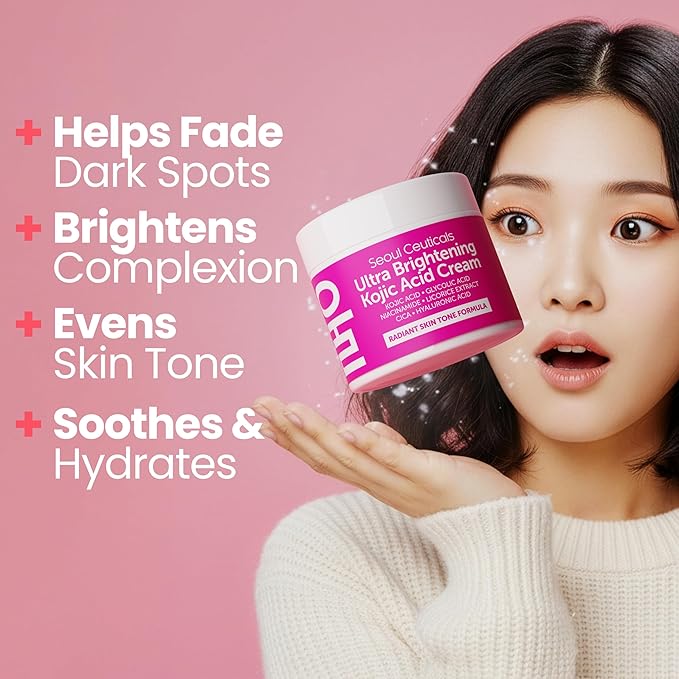 SeoulCeuticals Korean Kojic Acid Cream Dark Spot Remover + Glycolic Acid + Niacinamide + Cica + HA Moisturizer - Cruelty Free K Beauty Skincare 2oz