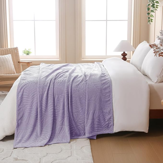 Super Soft Flannel Throw Blanket, 50 x 60 Inches, Dusty Purple | Cozy Lightweight Warm Leaves Textured Plush Fleece Blanket for Bed Couch Sofa