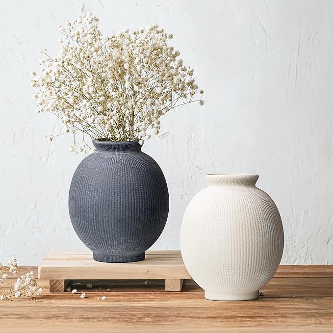 Ceramic Decorative Flower Vase - Rustic Farmhouse Boho Ceramic Vase for Home Decor, Table Centerpiece, Living Room, Bathroom, Book Shelf, Mantel Decoration, Wedding Decor (6.8" White)