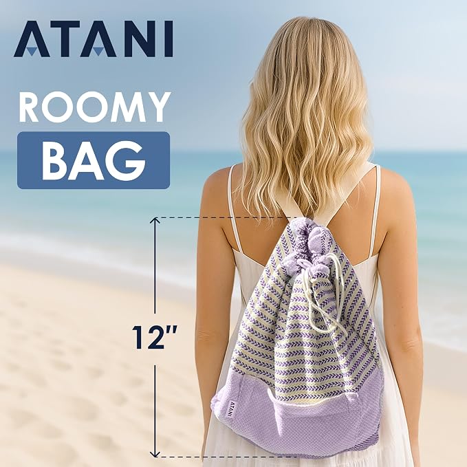 ATANI Turkish Beach Towel (71x39 Inches), Converts to a Bag, Oversized 100% Cotton Bath Towels Lightweight Quick-Dry Beach Blanket for Travel, Picnic, Camping, Yoga and Pool (Lavender)
