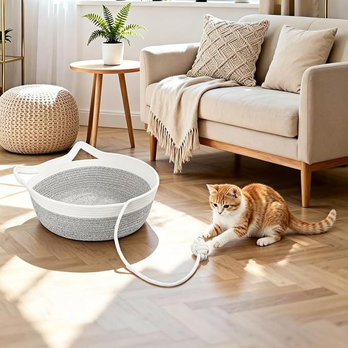 Cotton Rope Woven Cat Bed, Instinct Pet Basket with a Play Ball, Large | Foldable Cat Scratcher Basket for Indoor Cats, Puppies, Rabbits and Small Pets, White & Light Gray