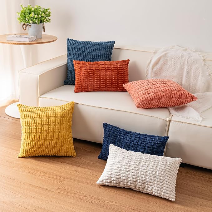 Aegero Pack of 2 Corduroy Decorative Throw Pillow Covers 16x16 Inch, Yellow | Fall Soft Striped Pillow Covers Modern Farmhouse Home Decor Christmas Throw Pillow Covers for Sofa Living Room Couch Bed