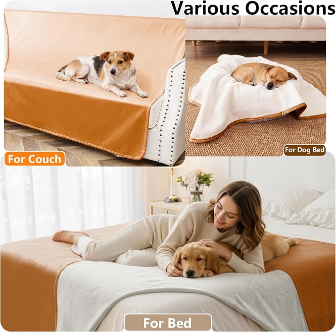 Waterproof Blanket - Reversible Dog Throw as Furniture Protector | Soft Velvet & Flannel, TPU Leak-Proof Liner, Machine Washable, Fits Couch and Bed, 68" x 82", Orange/Cream