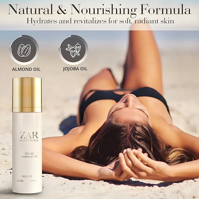 Zar Solar Tanning Oil | Fast Dark Tanning Accelerator for Outdoor Use | Natural, Non-Greasy Formula with Sweet Almond & Jojoba Oils | Nourishes & Protects Skin | Perfect for Face & Body - 100 ml