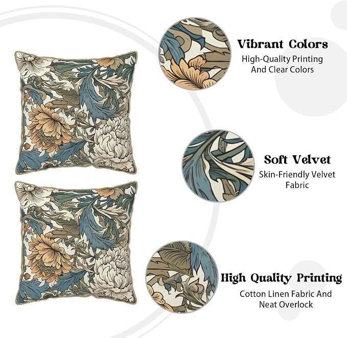 KSLIDS Vintage Flowers Soft Velvet Throw Pillow Covers Set of 2 Floral Plant Leaves Decorative Pillow Covers 18x18 Inch Yellow White Flowers Pillow Case for Sofa Couch Bedroom Farmhouse Home Decor