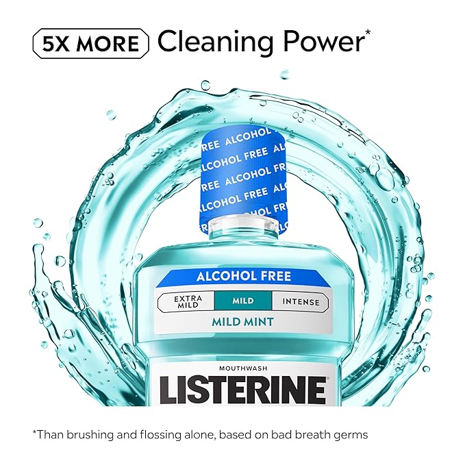 Listerine Cool Mint Alcohol-Free Mild Mouthwash, Oral Rinse Kills 99.9% of Germs That Cause Bad Breath, Less Intense Taste, Mild Mint Flavor, 500 mL