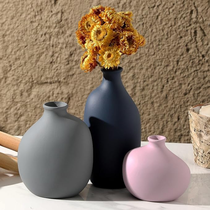 Small Ceramic Vase Set of 3, Modern Decorative Pottery Vases | Three different shapes with matte finishes, perfect for shelves, tabletops, dried flowers and stylish room accents.