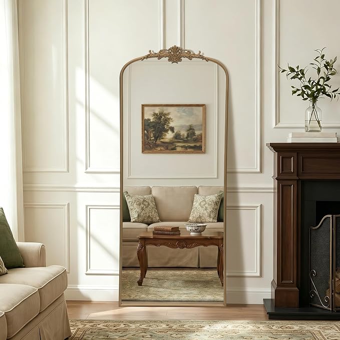 Besdomus Antique Mirror Full Length: 26"x63" Brass Gold Arched Body Mirrors | French Floor Standing Metal Framed - Vintage Baroque Traditional Ornate - Ideal for Foyer/Cloakroom/Bedroom/Dressing Room