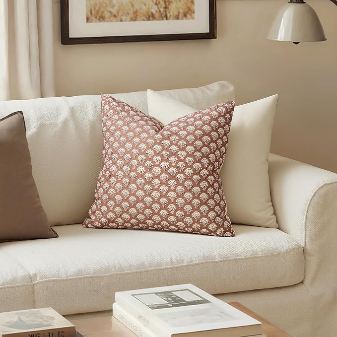 MIULEE Floral Print Decorative Pillow Covers 18x18, Almond | Vintage Boho Farmhouse Modern Home Decor, Set of 2, Block Print Cushion Covers for Couch Sofa Bed Living Room