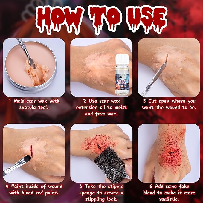 Halloween Special Effects SFX Makeup Kit - 6 Colors Bruise Body Makeup Face Painting Palette + Scar Wax + Spatula Tool + Fake Blood + Stipple Sponges + Brushes - For Halloween Party & Cosplay
