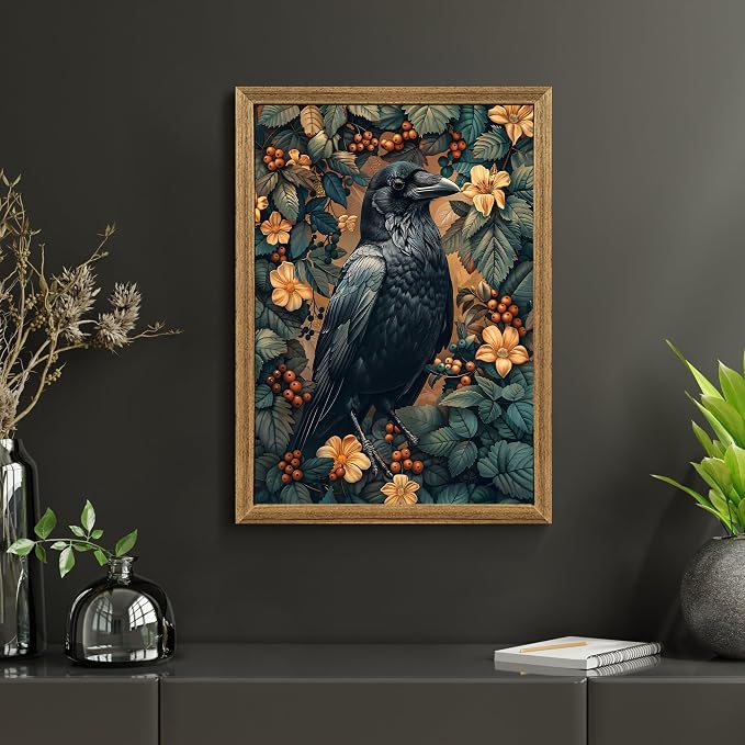 ICHZUMW Framed William Morris Raven Dark Academia Canvas Wall Art 16x24 In | Gothic Dark Cottagecore Crow Painting, Moody Floral Wall Decor for Bedroom Living Room Bathroom Office, Ready to Hang