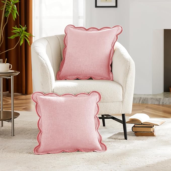 Ohocut Scalloped Pillow Cover Pack of 2 Spring Chenille Decorative Throw Pillow Covers Cute Boho Couch Pillow Covers Aesthetic Funky Preppy Pillow Cases for Sofa Living Room (Blush Pink, 18x18 Inch)