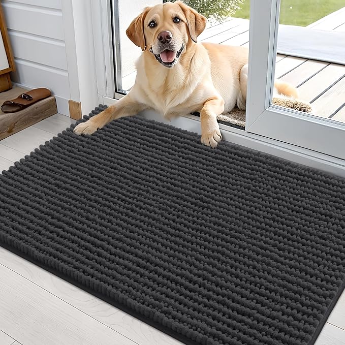 OLANLY Dog Door Mat for Muddy Paws 36x24, Extra Absorbent Chenille Mud Mat | Dark Grey, Absorbs Moisture and Dirt, Non-Slip Machine Washable Doormat, Quick-Drying Indoor Entryway Floor Mat for Dogs