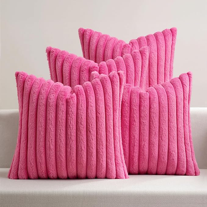 MIULEE Faux Fur Plush Decorative Throw Pillow Covers 18x18, Hot Pink | Set of 4, Striped, Soft Romantic Modern Home Decor, Cushion Cases for Sofa Couch Bed Living Room