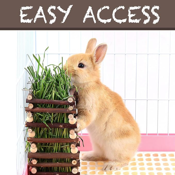 Apple Wood Hay Feeder for Small Animals - Durable Pine & Apple Wood Hay Rack with 2 Hooks - Food Dispenser & Grass Holder for Rabbit, Guinea Pig, Chinchilla, Hamster, Gerbil, 10x10x18cm