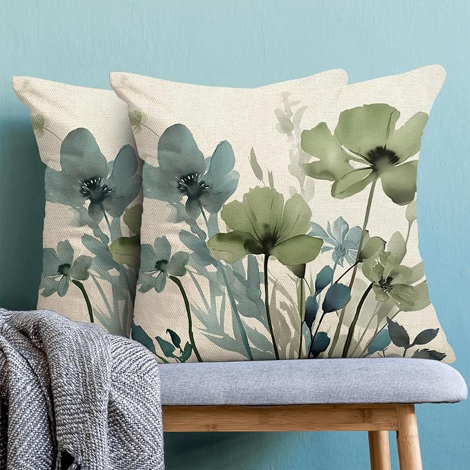 Spring Sage Green Blue Floral Throw Pillow Cover 18x18 Set of 2 | Flower Pillow Covers Outdoor Decoration Rustic Summer Pillowcase Farmhouse Decorative Cushion Cover For Home Sofa