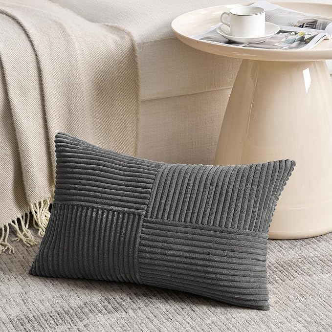 Fancy Homi Set of 1 Dark Gray Long Lumbar Decorative Throw Pillow Covers 12x24 Inch for Couch Bed Sofa, Rustic Farmhouse Boho Home Decor, Soft Striped Corduroy Rectangle Accent Cushion Case 30x60 cm