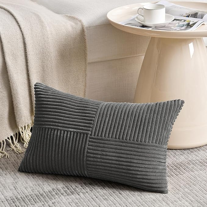 Fancy Homi Set of 1 Dark Gray Lumbar Decorative Throw Pillow Covers 14x24 Inch for Living Room Couch Bed Sofa, Farmhouse Home Decor, Soft Striped Corduroy Rectangle Accent Cushion Case 35x60 cm